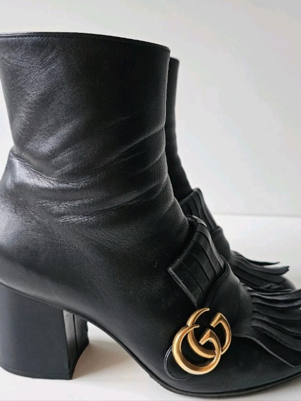 Gucci Marmont Gold GG Logo Black Leather Fringe Ankle Boots EU 38, US 7.5 - Picture 8 of 14